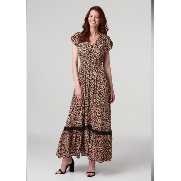 Caroline Morgan Black/Beige Leopard Print Button-Up Dress Lace Accents, Sm - Picture 5 of 6